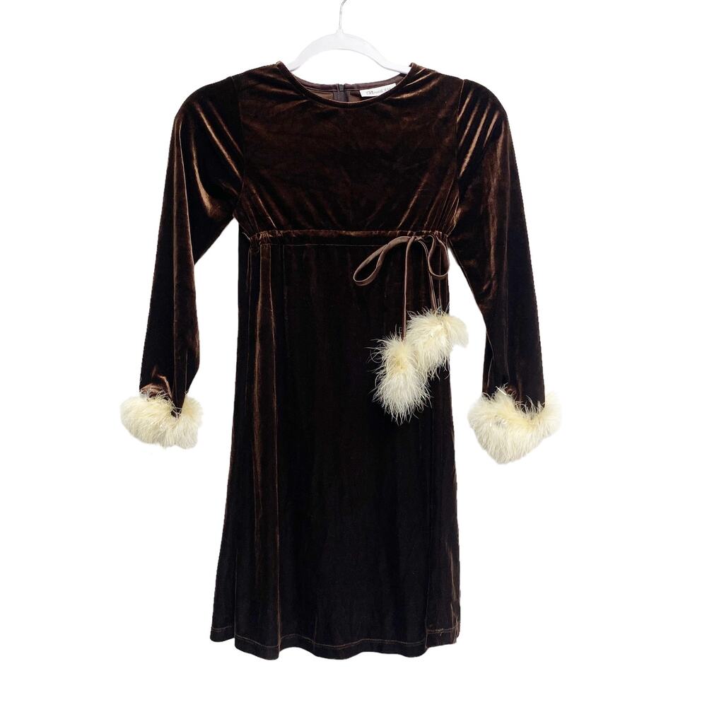 Vintage Bonnie Jean Girls Velvet Furry Trim Long Sleeve Dress